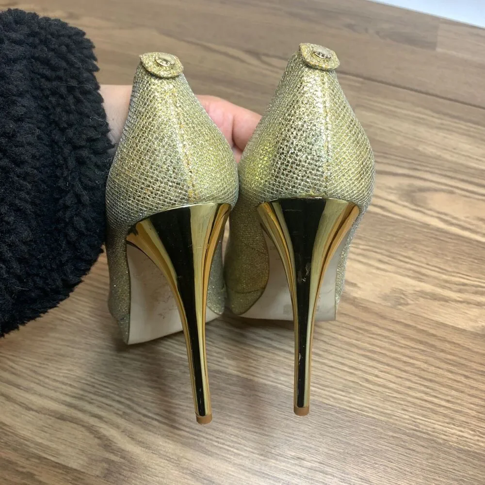 Michael Kors York Pump Open Toe Platform Glitter Silver Gold Size 10M Peep‎ Toe
